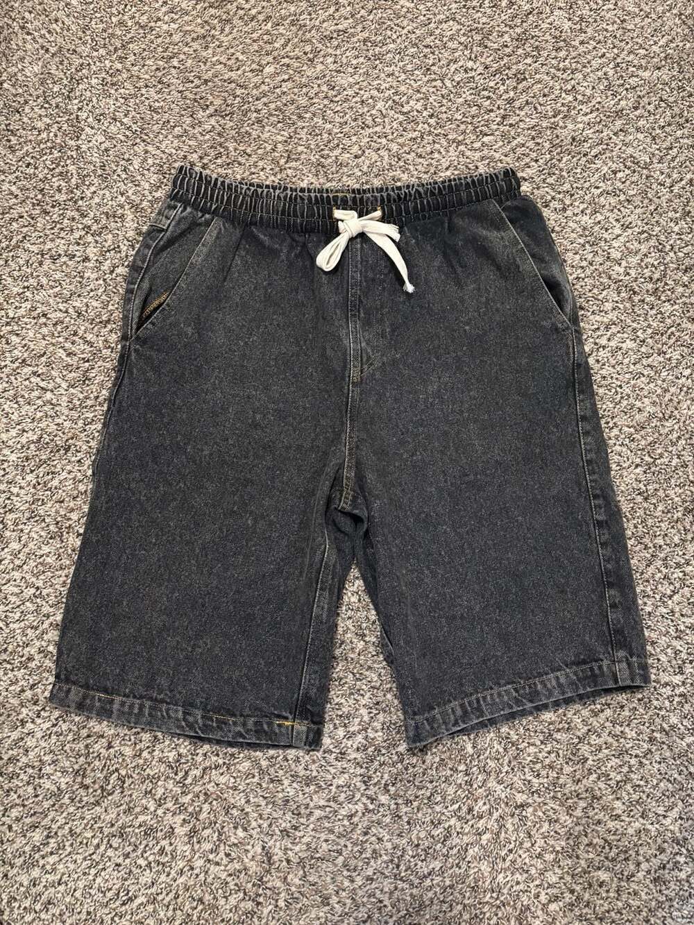 18 Centimeters Men's Black Acid Wash Denim Elastic Waist Drawstring Shorts